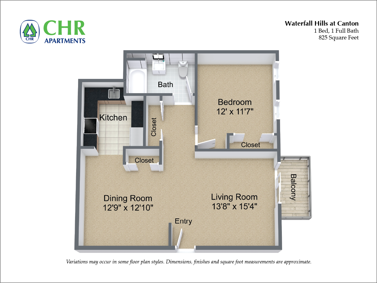 Floor plan for 1 bed, 1 bath, 825 sqft